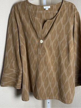 Pure Jill Petite XL 100% Cotton Taupe Ikat Top Relaxed Fit Modest Lagenlook Boho